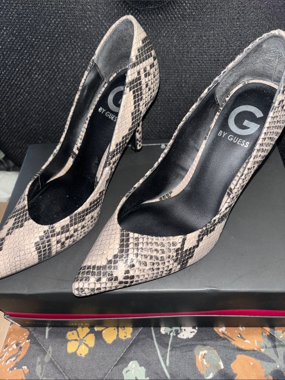 G by Guess Beige and Black Snake-Print Pointed Toe Stilettos